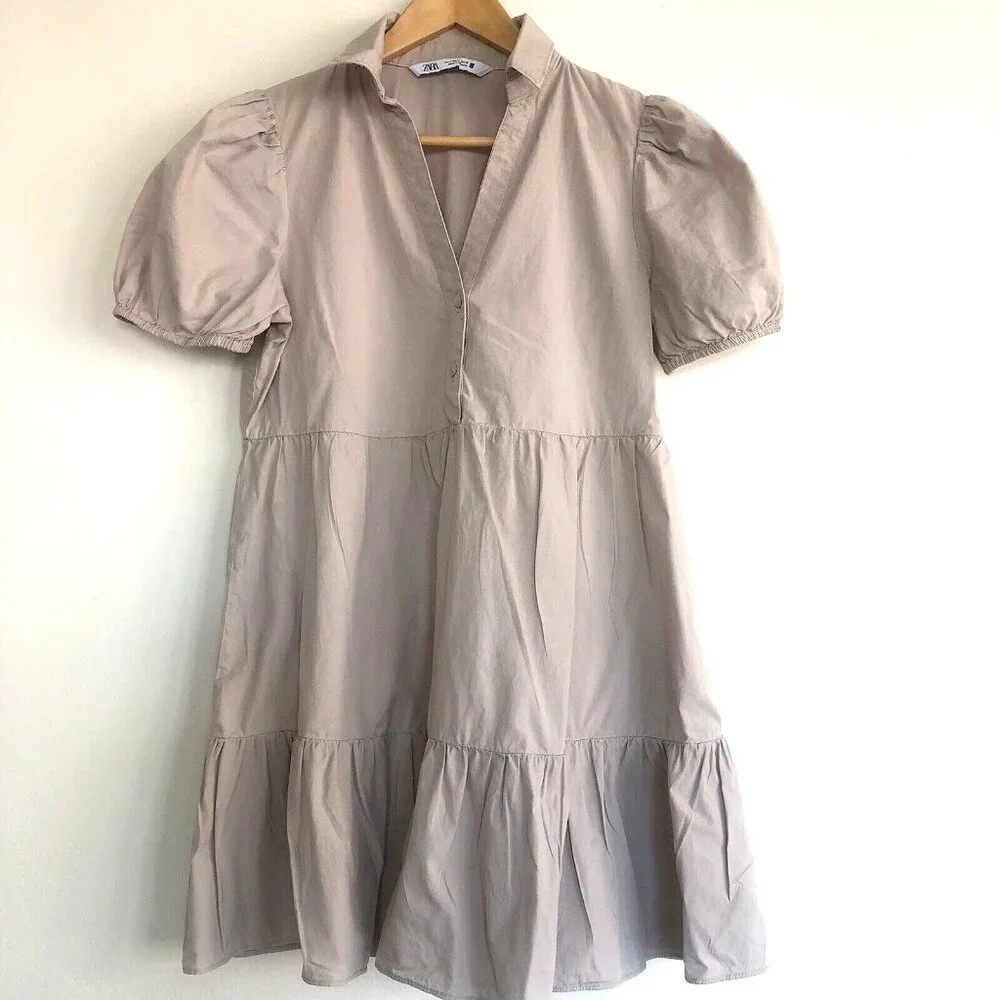 Zara short sleeve collared baby doll dress cotton Beige Small Lightweight Loose - Picture 4 of 10